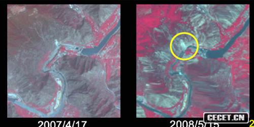 日本衛星圖分析汶川震后山體崩塌嚴重 圖中2號點(diǎn)的地震前后對比 圖片來(lái)源:人民網(wǎng) (圖3)