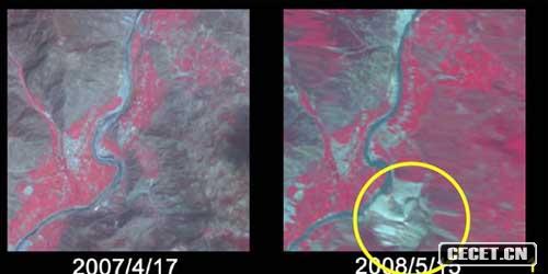 日本衛星圖分析汶川震后山體崩塌嚴重 圖中1號點(diǎn)的地震前后對比 圖片來(lái)源:人民網(wǎng) (圖4)
